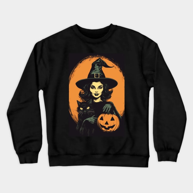 Vintage Retro Halloween Witch with Black Cat and Jack-O-Lantern Crewneck Sweatshirt by AI Art Originals